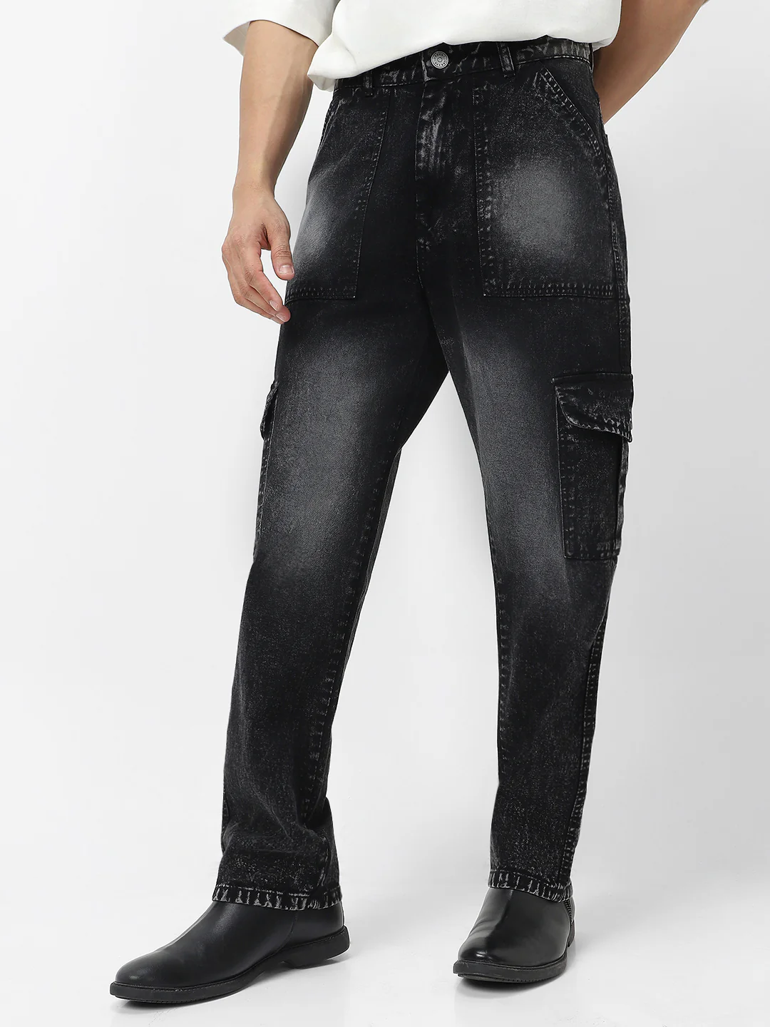 Men's Black Loose Baggy Fit Washed Cargo Jeans with 6 Pockets Non-Stretchable - Image 2