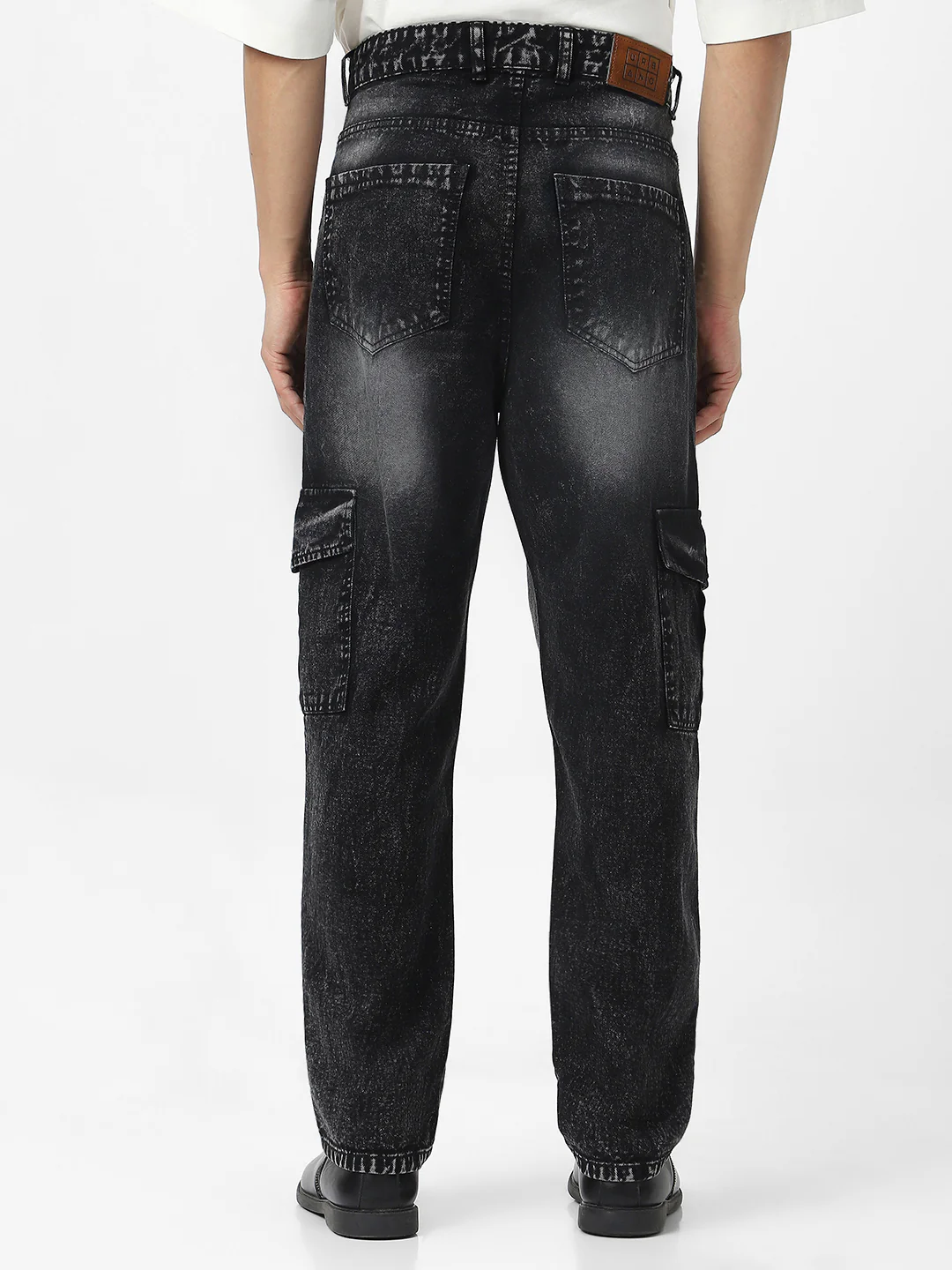 Men's Black Loose Baggy Fit Washed Cargo Jeans with 6 Pockets Non-Stretchable - Image 3