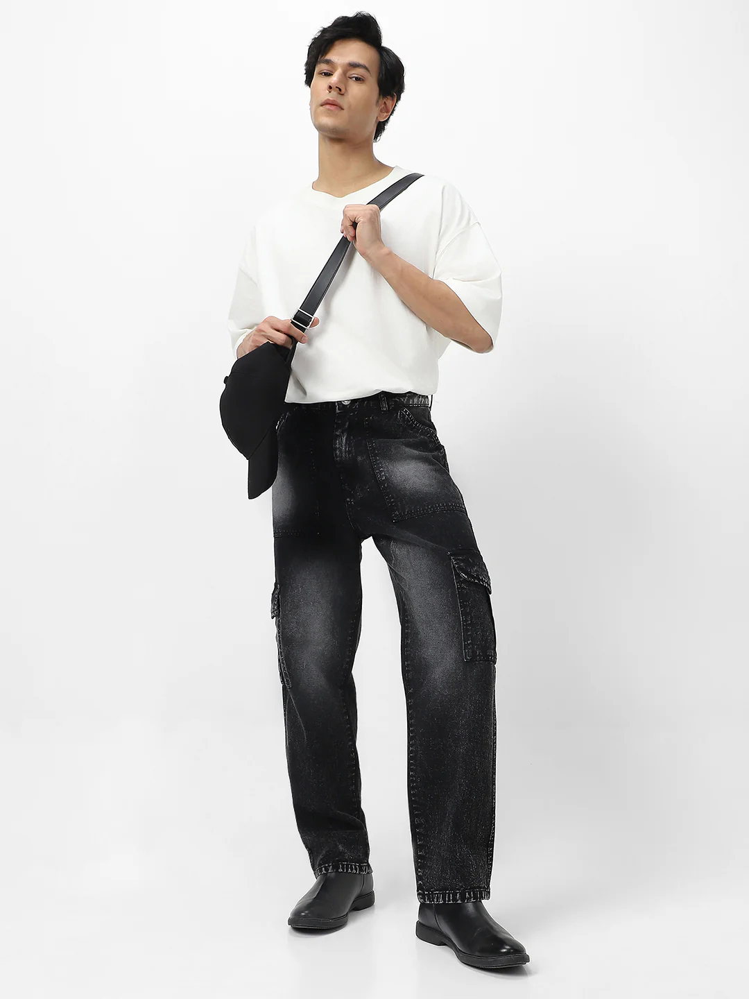 Men's Black Loose Baggy Fit Washed Cargo Jeans with 6 Pockets Non-Stretchable - Image 4