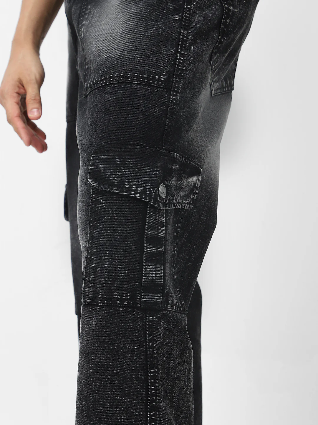 Men's Black Loose Baggy Fit Washed Cargo Jeans with 6 Pockets Non-Stretchable - Image 5