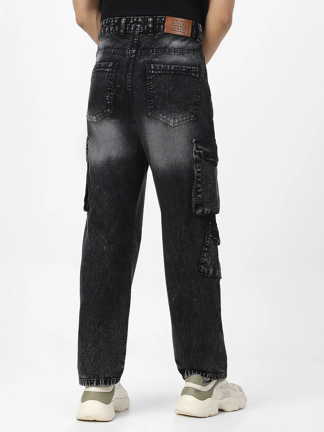 Men's Black Loose Baggy Fit Washed Cargo Jeans with 7 Pockets Non-Stretchable - Image 3