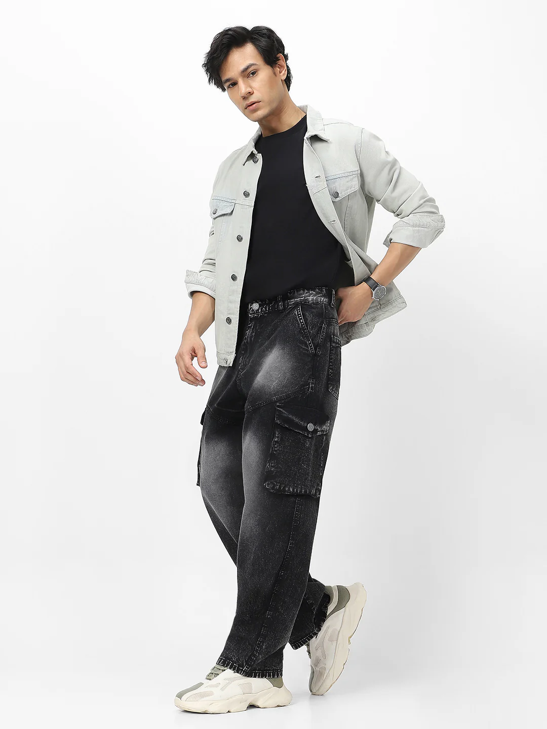 Men's Black Loose Baggy Fit Washed Cargo Jeans with 7 Pockets Non-Stretchable - Image 4
