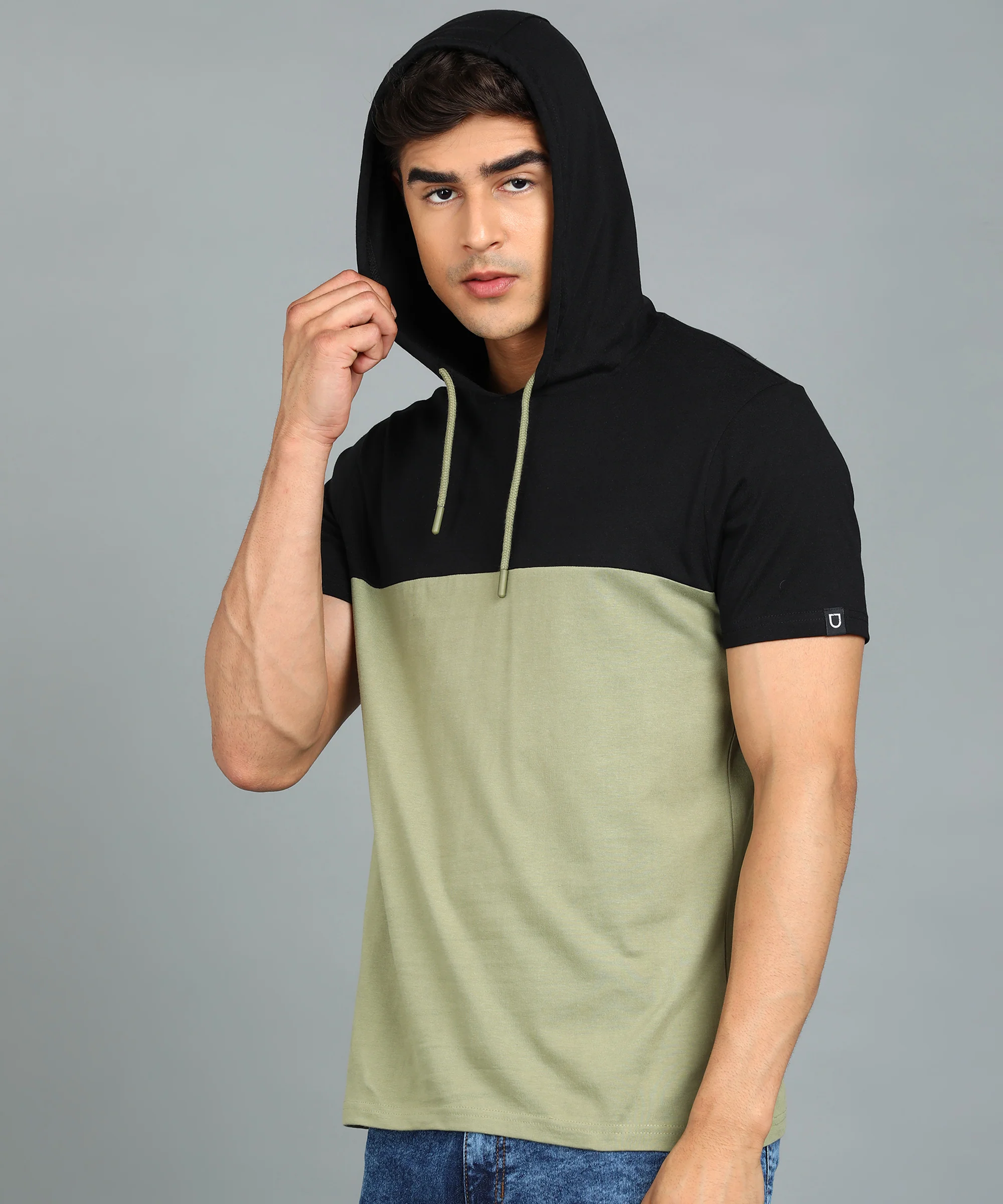 Men's Black, Olive Cotton Slim Fit Half Sleeve Hooded T-Shirt - Image 2