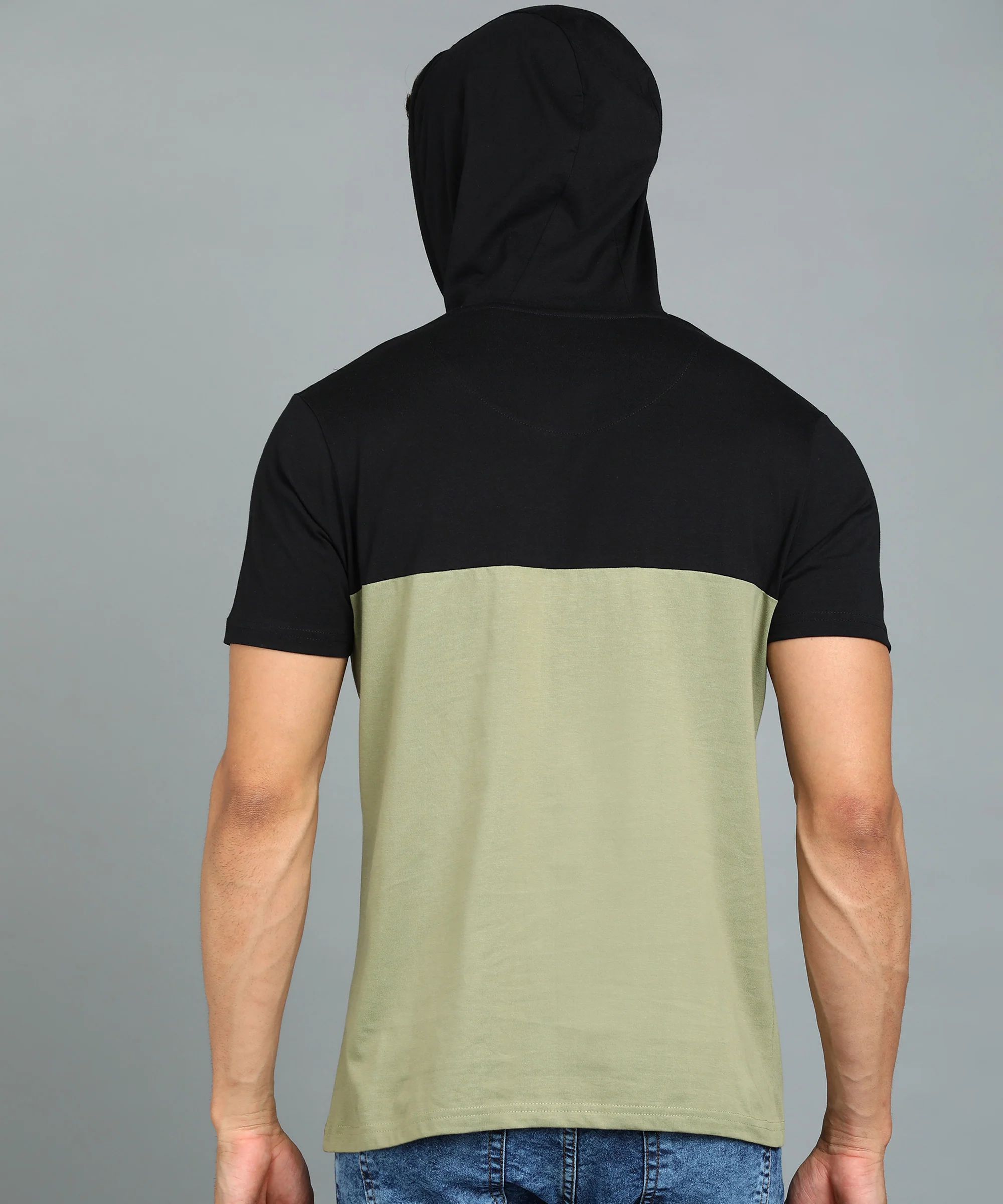Men's Black, Olive Cotton Slim Fit Half Sleeve Hooded T-Shirt - Image 3