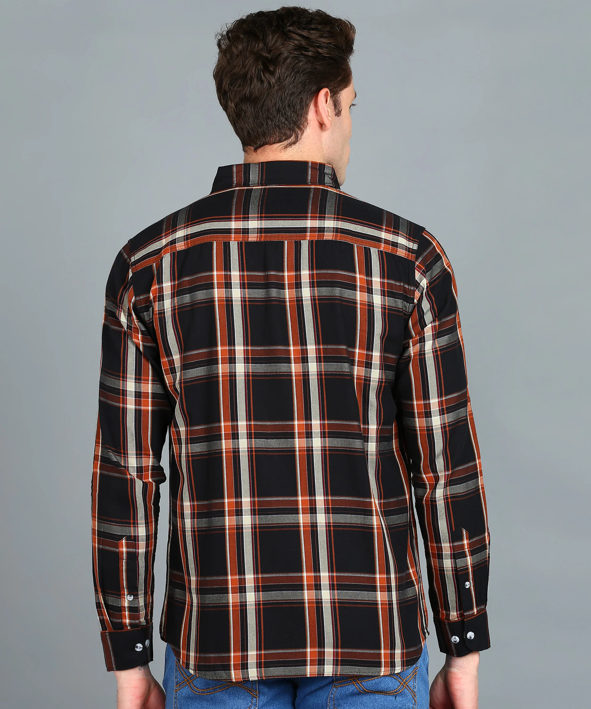 Men's Black, Orange Cotton Full Sleeve Slim Fit Casual Checkered Shirt - Image 3