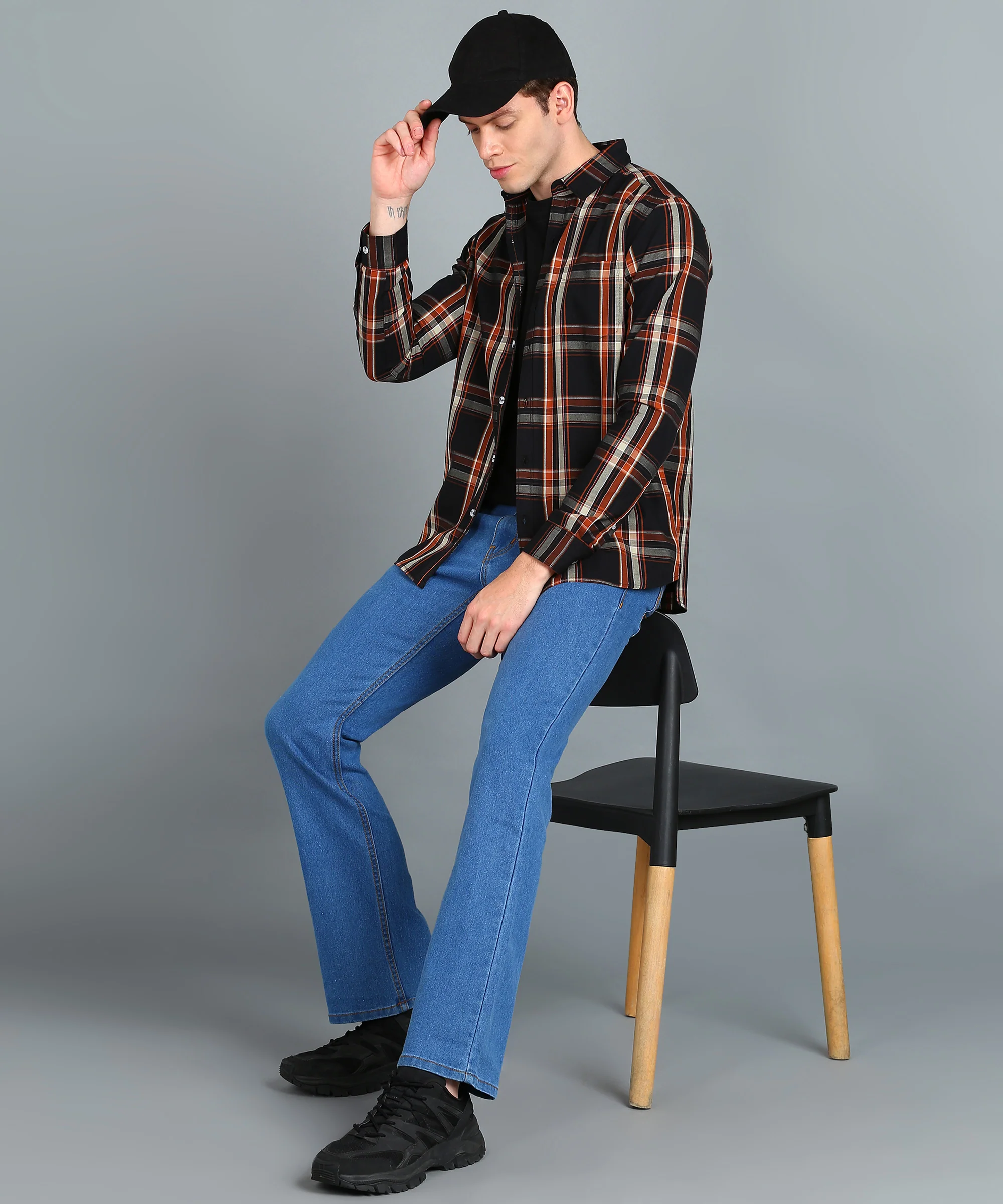 Men's Black, Orange Cotton Full Sleeve Slim Fit Casual Checkered Shirt - Image 4