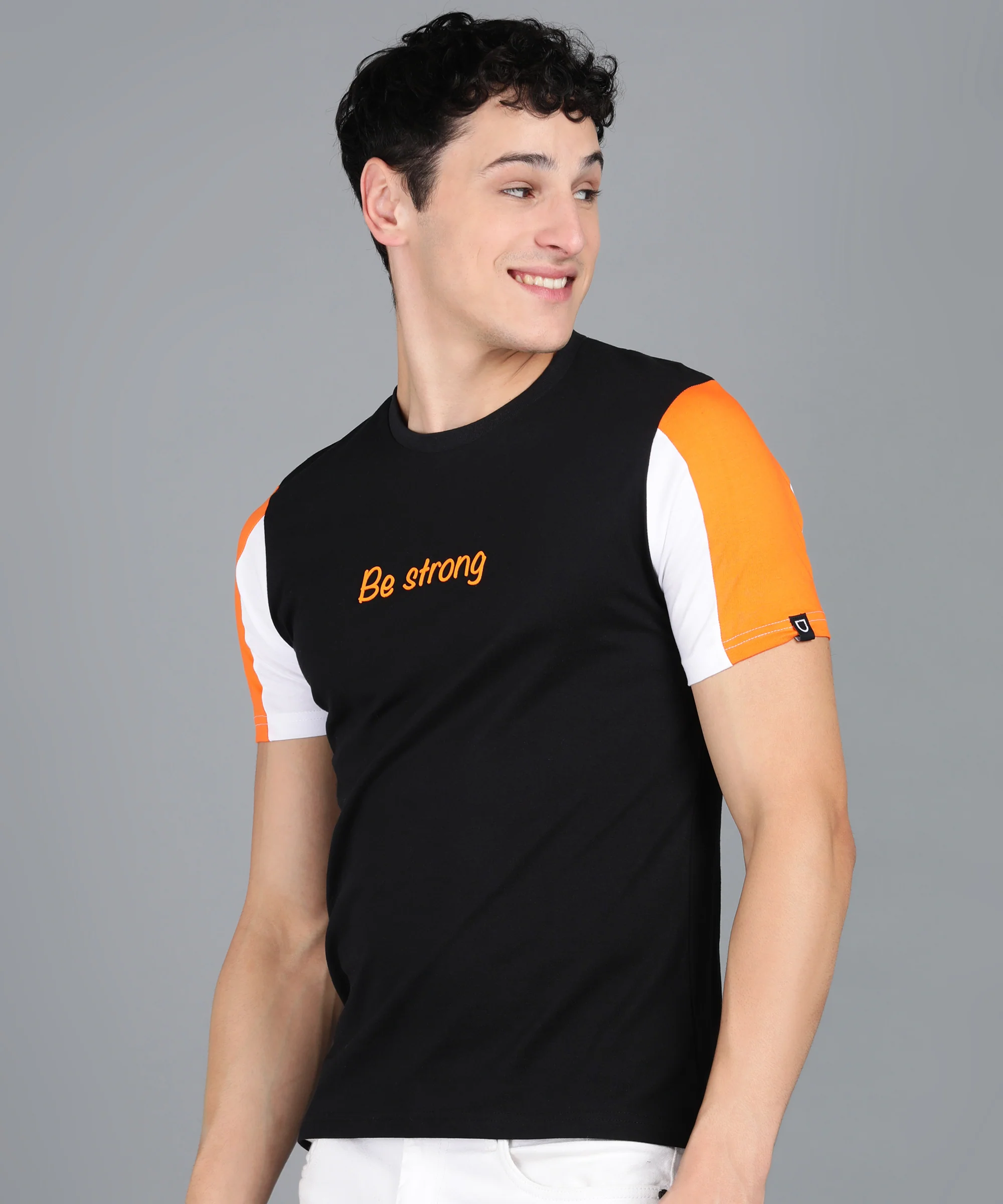 Men's Black, Orange, White Cotton Color-Block Slim Fit Half Sleeve T-Shirt - Image 2