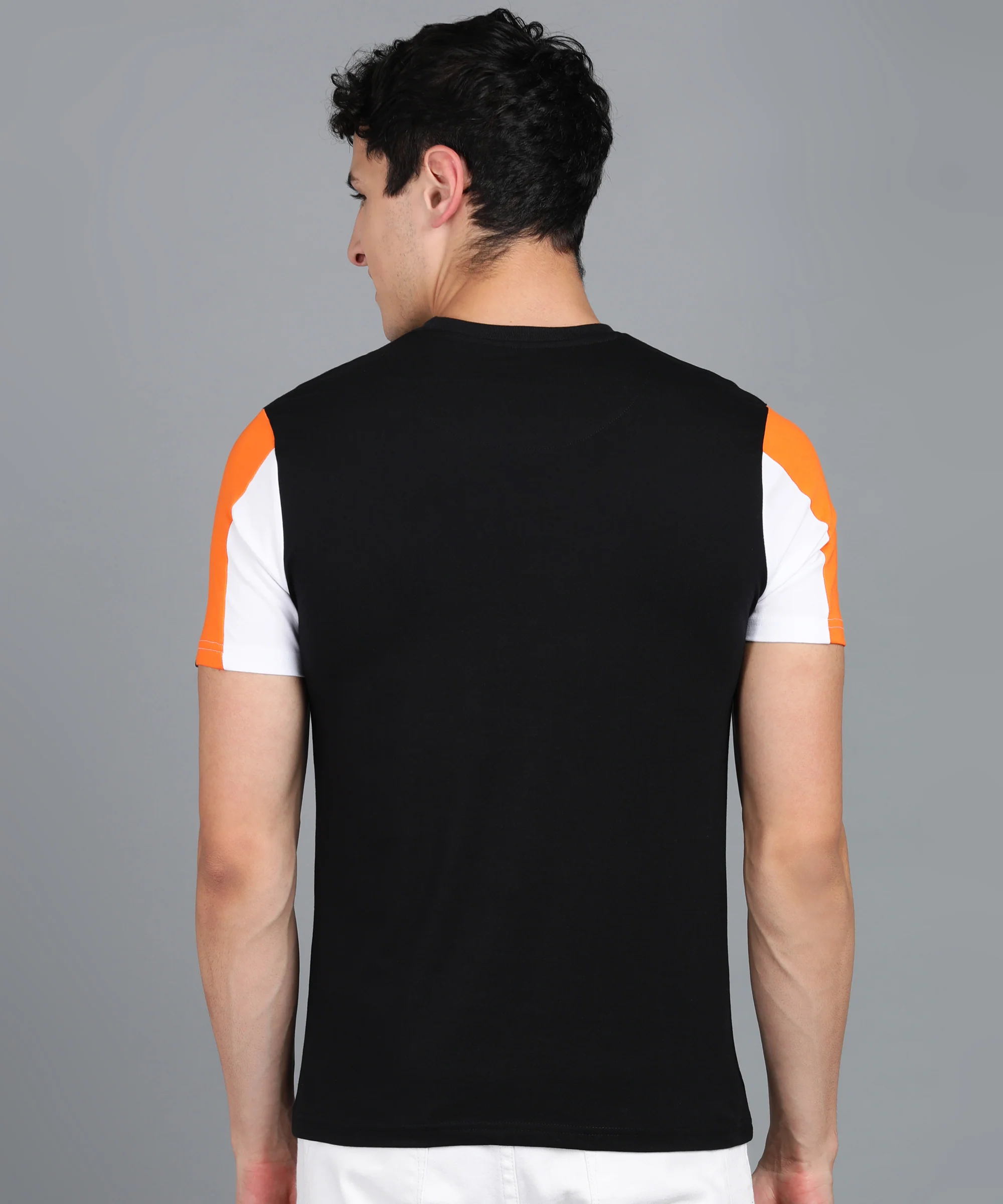 Men's Black, Orange, White Cotton Color-Block Slim Fit Half Sleeve T-Shirt - Image 3