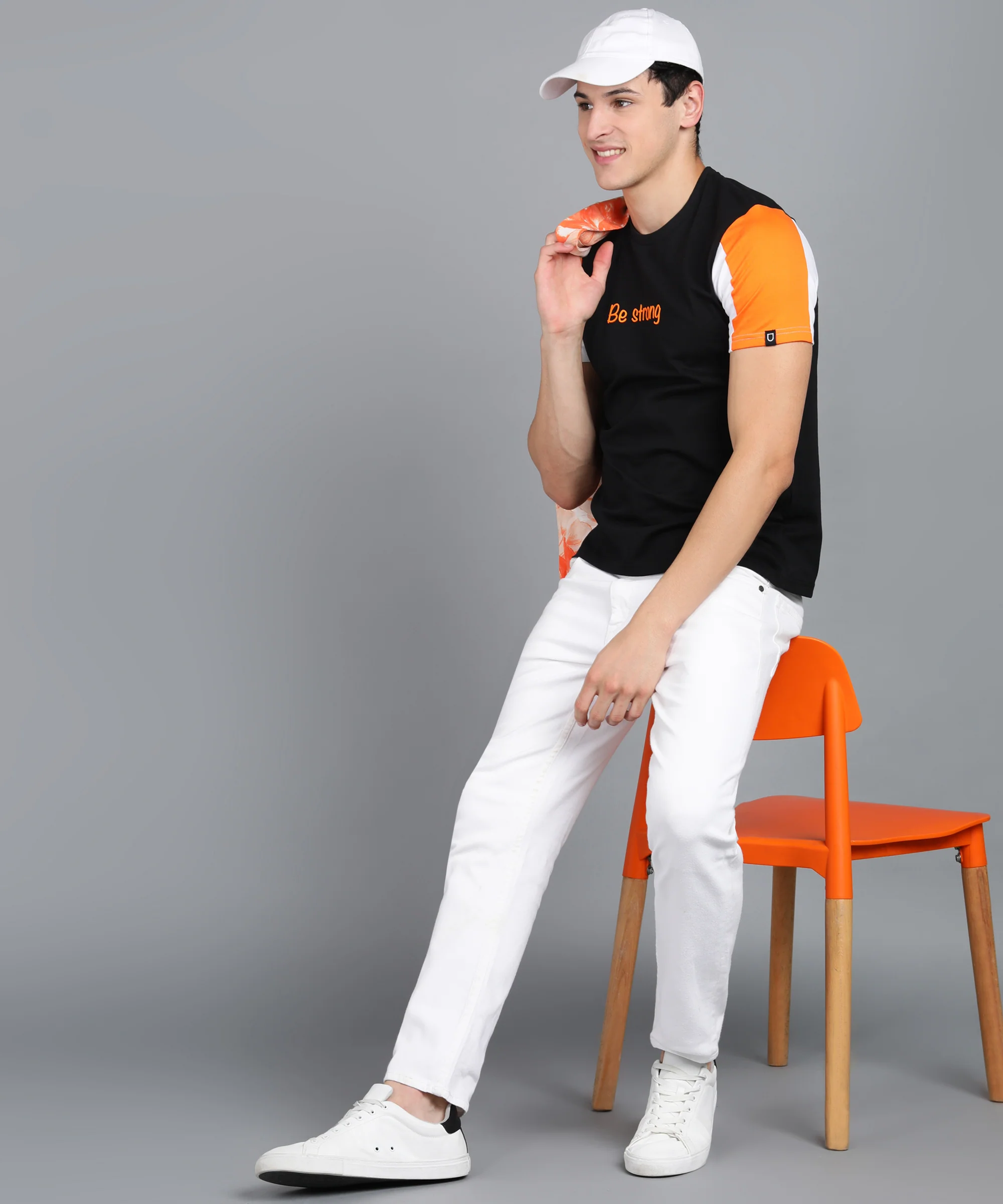 Men's Black, Orange, White Cotton Color-Block Slim Fit Half Sleeve T-Shirt - Image 4