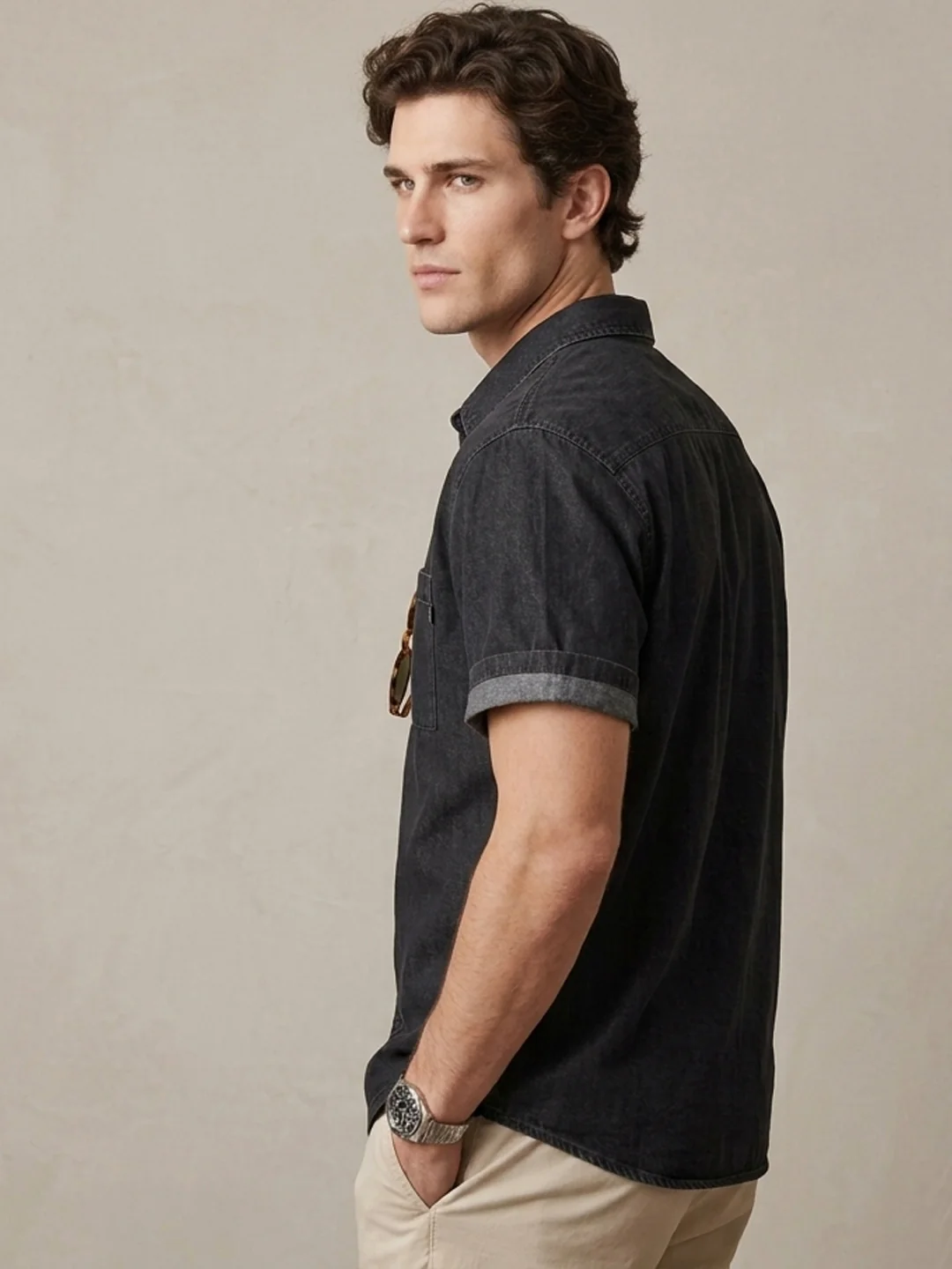 Men's Black Oversized Fit Half Sleeve Solid Casual Denim Shirt - Image 2