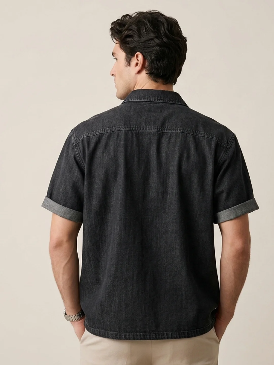 Men's Black Oversized Fit Half Sleeve Solid Casual Denim Shirt - Image 3
