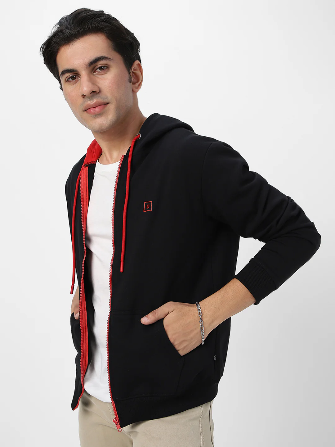 Men's Black, Red Cotton Zippered Hooded Sweatshirt - Image 2