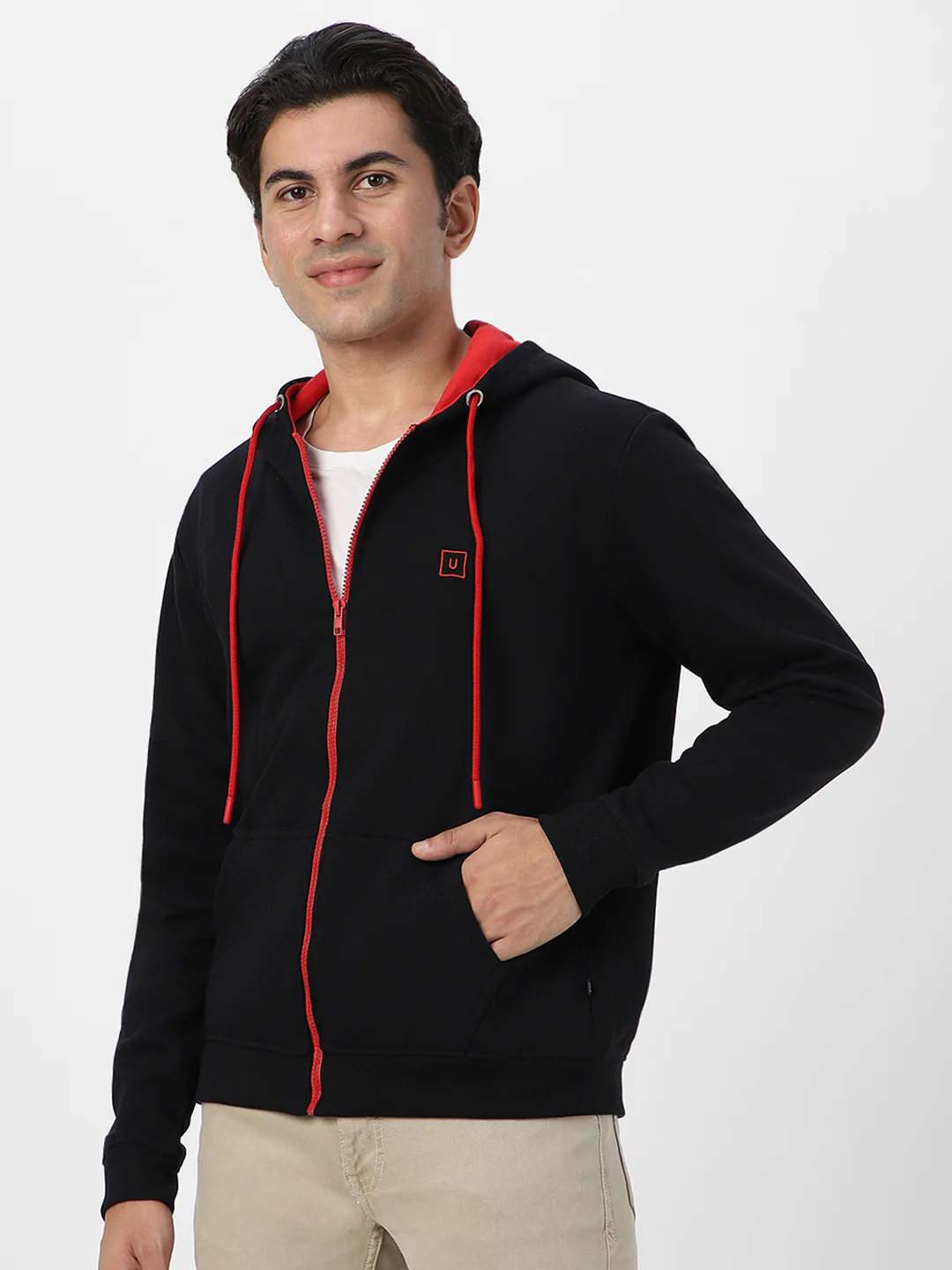 Men's Black, Red Cotton Zippered Hooded Sweatshirt - Image 3