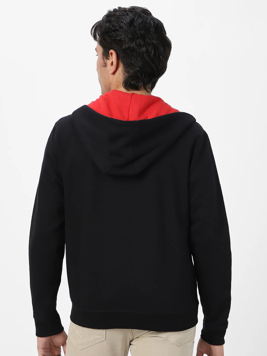 Men's Black, Red Cotton Zippered Hooded Sweatshirt - Image 4