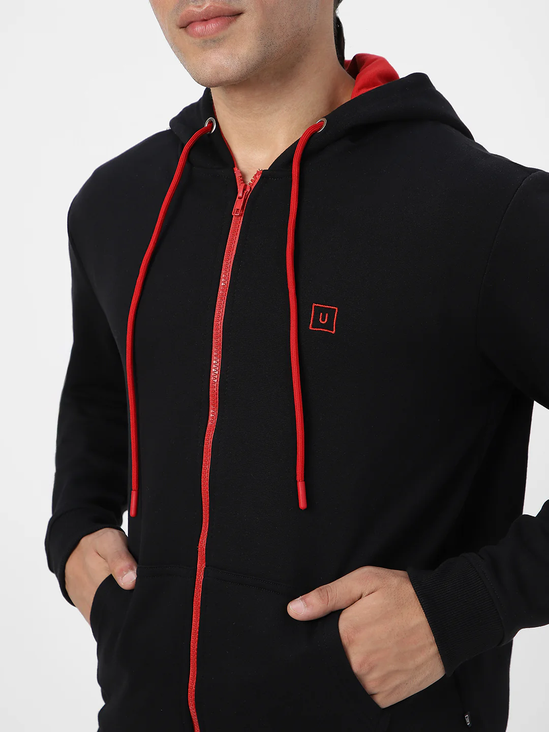 Men's Black, Red Cotton Zippered Hooded Sweatshirt - Image 6