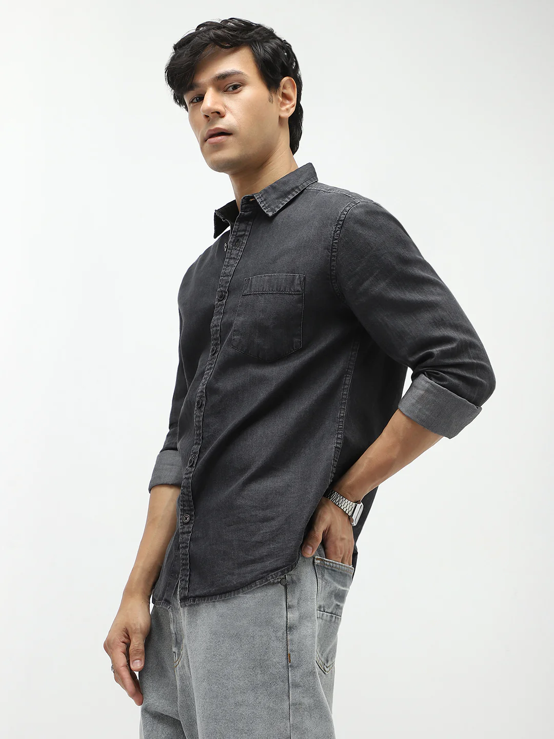 Men's Black Regular Fit Full Sleeve Washed Denim Shirt - Image 2