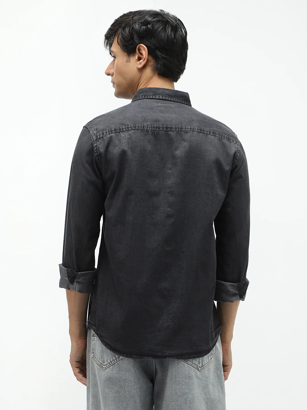 Men's Black Regular Fit Full Sleeve Washed Denim Shirt - Image 3