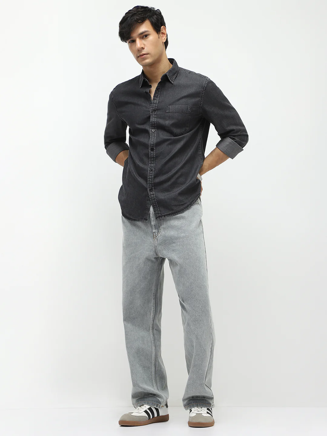 Men's Black Regular Fit Full Sleeve Washed Denim Shirt - Image 4