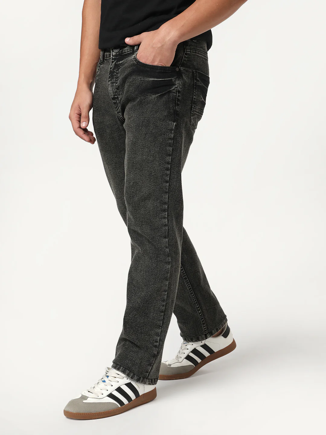 Men's Black Regular Fit Acid Washed Denim Jeans Stretchable - Image 2