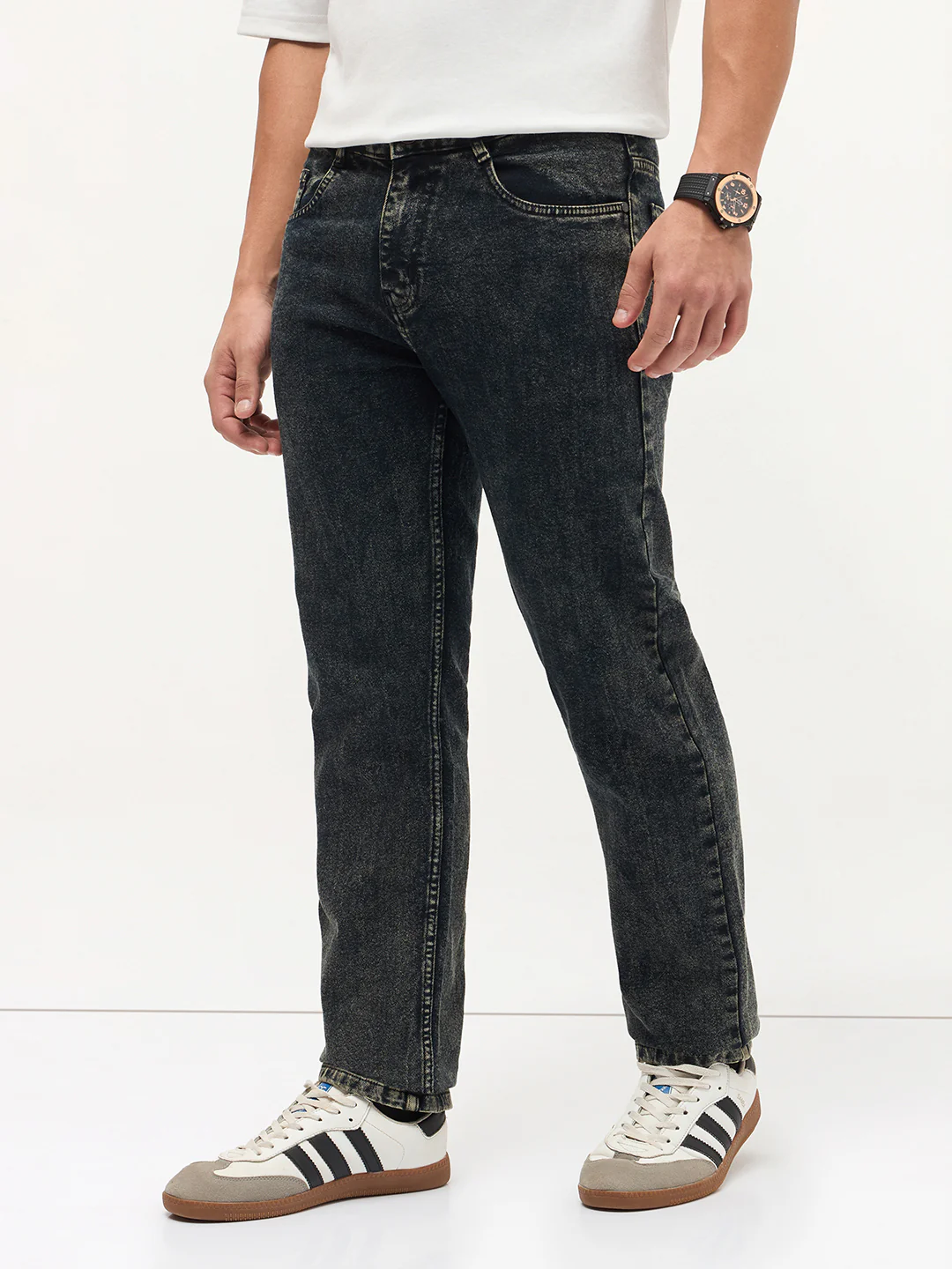 Men's Black Regular Fit Towel Washed Yellow Tint Denim Jeans Stretchable - Image 3