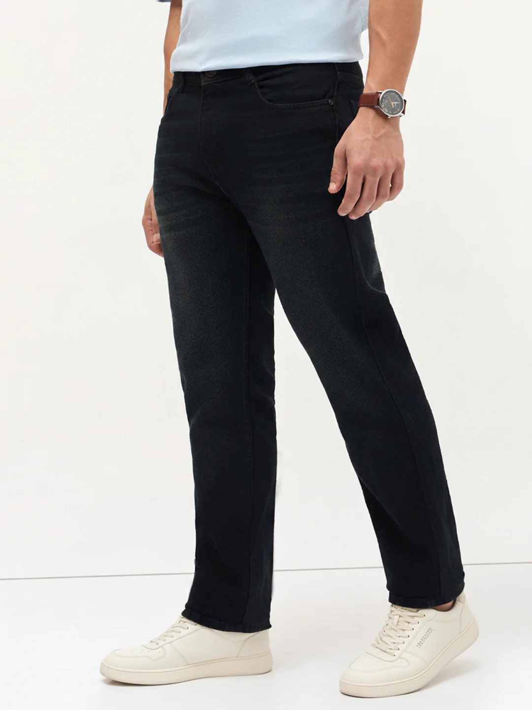 Men's Black Regular Fit Whisker Wash Yellow Tint Denim Jeans Stretchable - Image 3