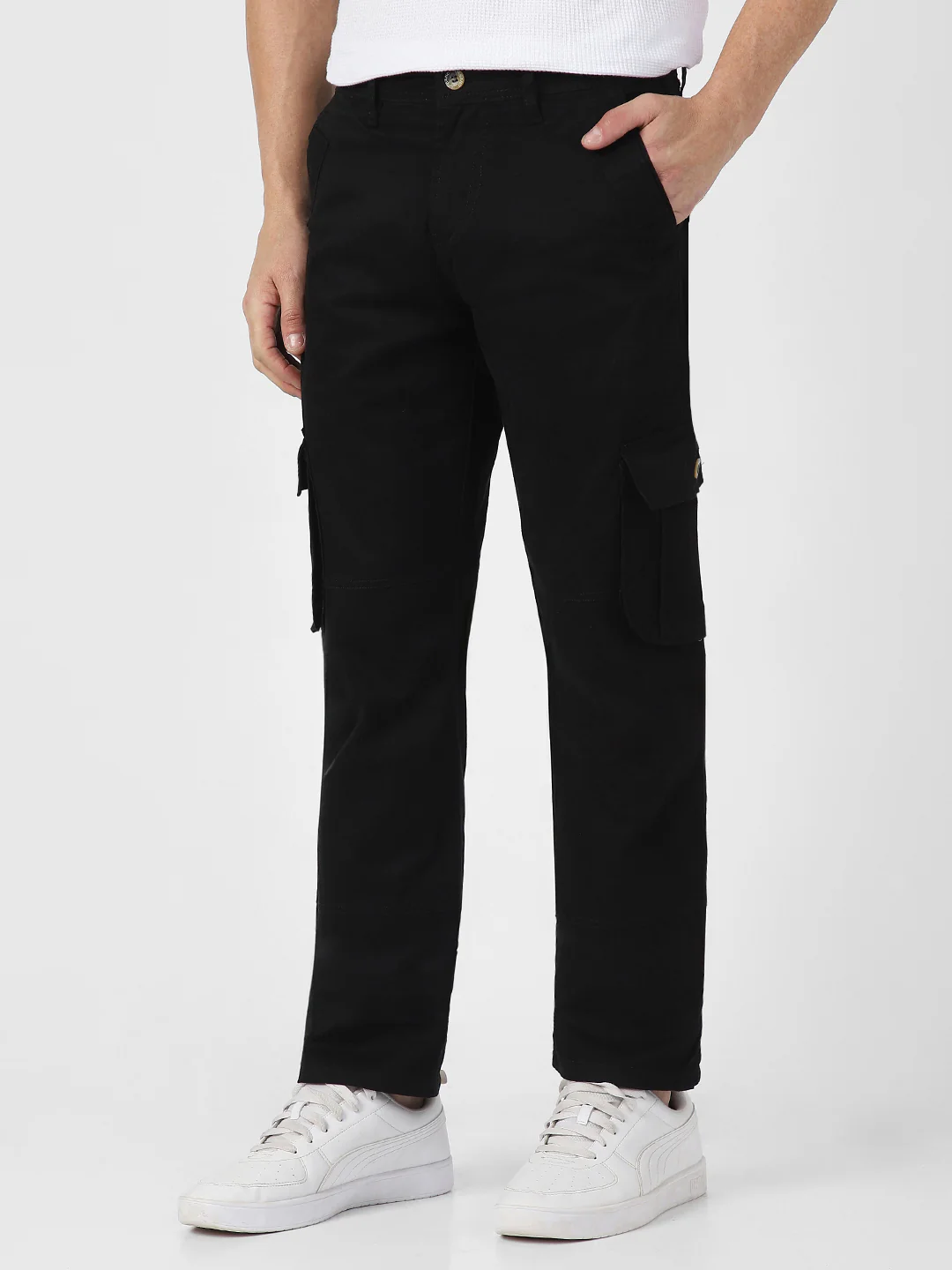 Men's Black Regular Fit Solid Cargo Chino Pant with 6 Pockets - Image 3