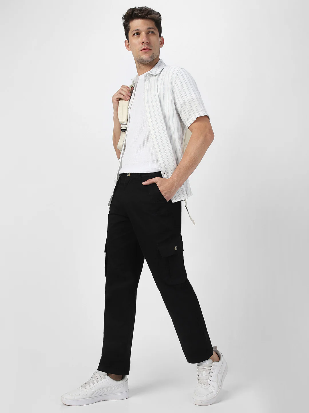 Men's Black Regular Fit Solid Cargo Chino Pant with 6 Pockets - Image 5