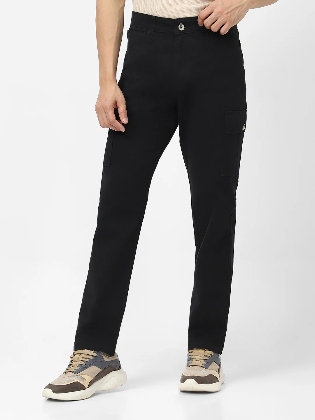 Men's Black Regular Fit Solid Cargo Chino Pant with 6 Pockets Stretchable - Image 2