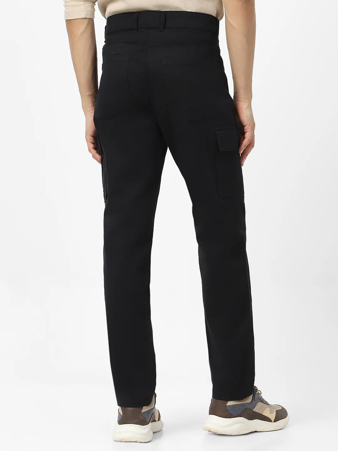 Men's Black Regular Fit Solid Cargo Chino Pant with 6 Pockets Stretchable - Image 3