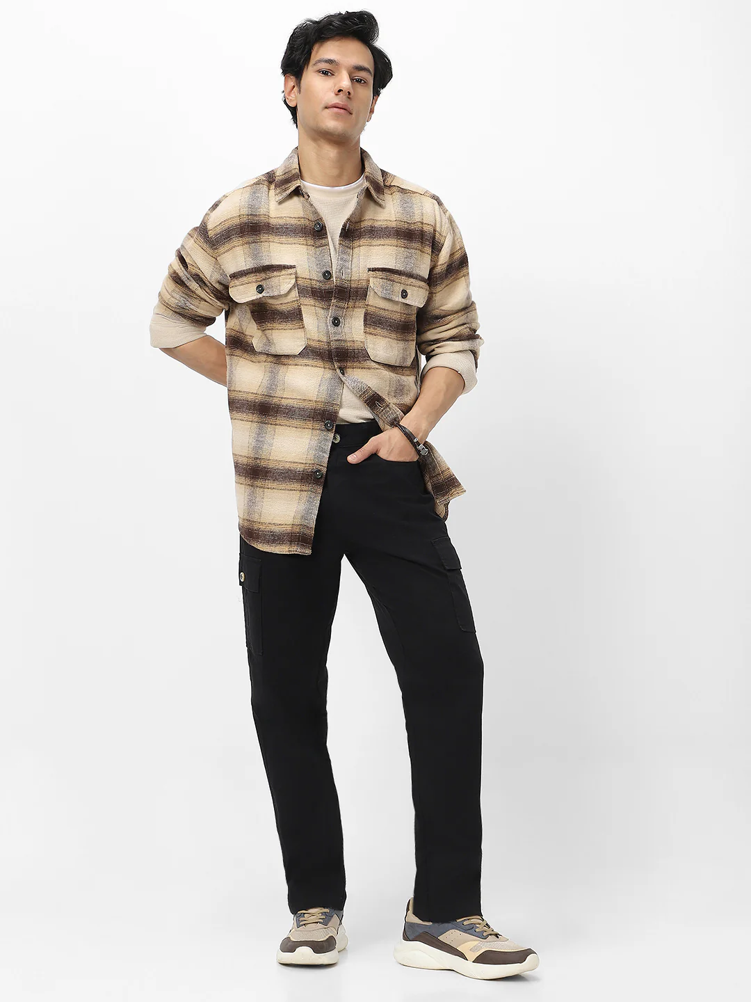 Men's Black Regular Fit Solid Cargo Chino Pant with 6 Pockets Stretchable - Image 4