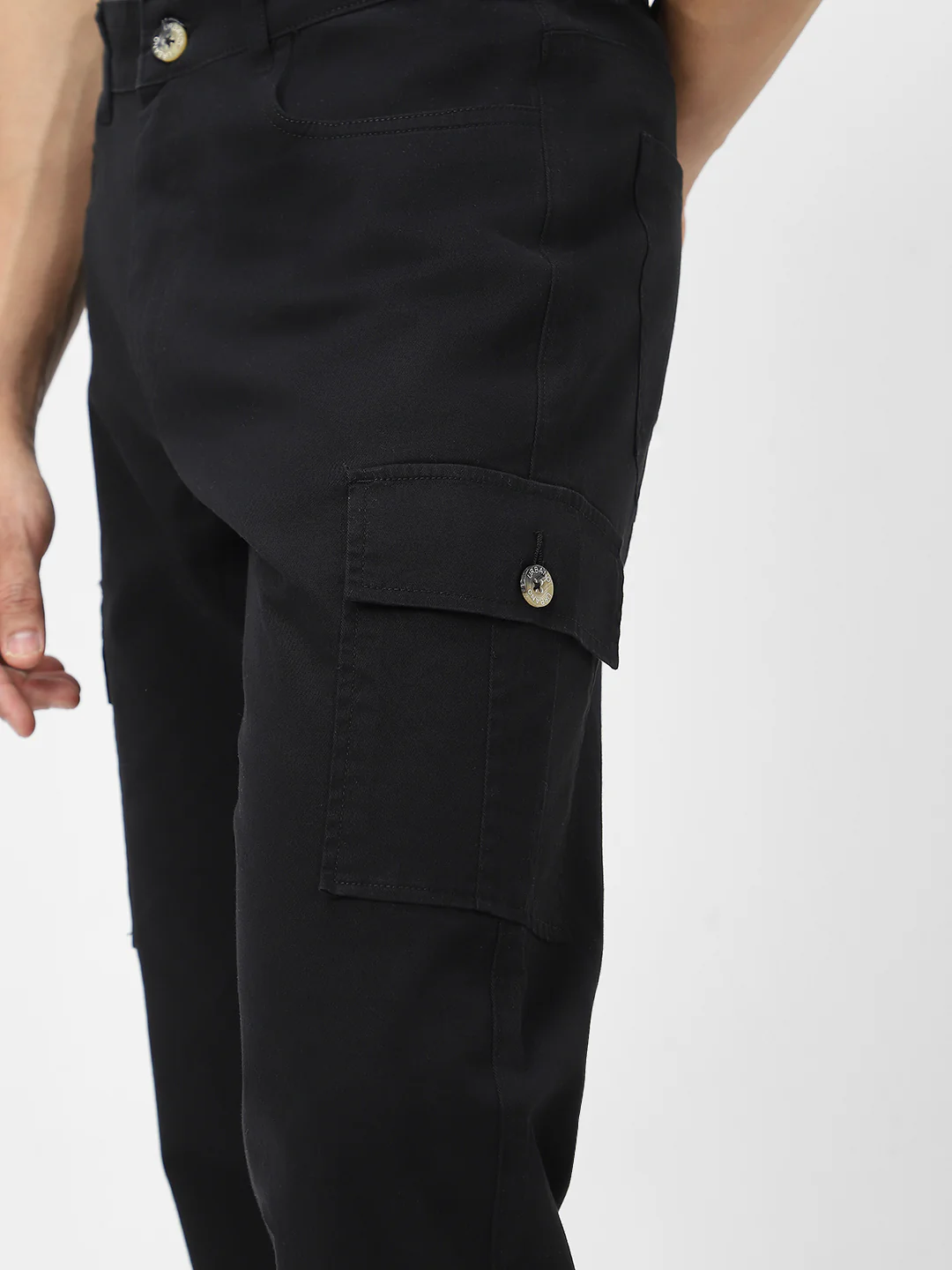 Men's Black Regular Fit Solid Cargo Chino Pant with 6 Pockets Stretchable - Image 6