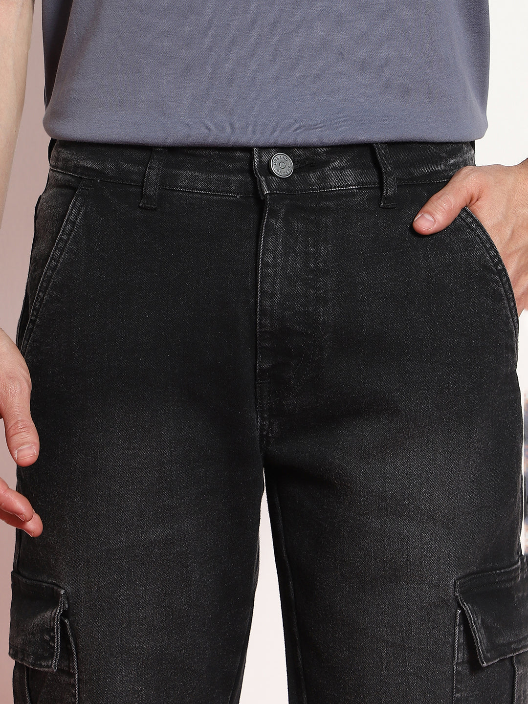 Men's Black Regular Fit Washed Cargo Jeans With 6 Pockets Stretchable - Image 6