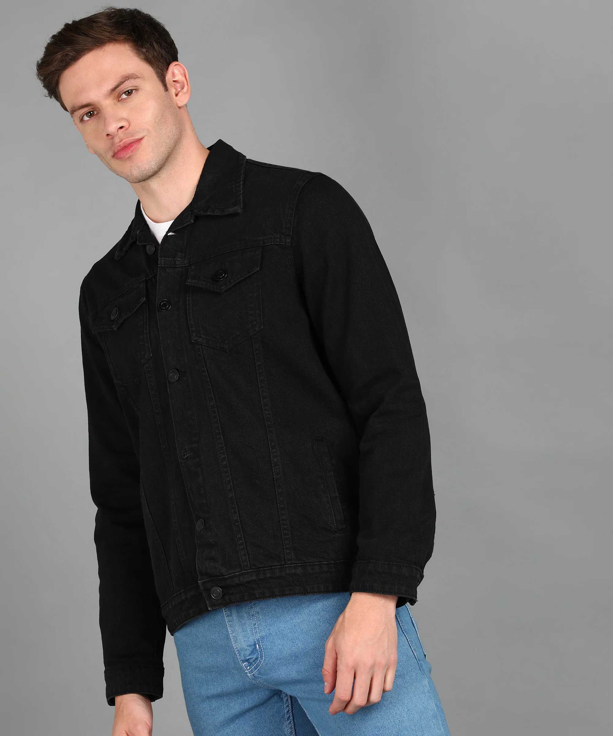 Men's Black Regular Fit Washed Full Sleeve Denim Jacket - Image 3