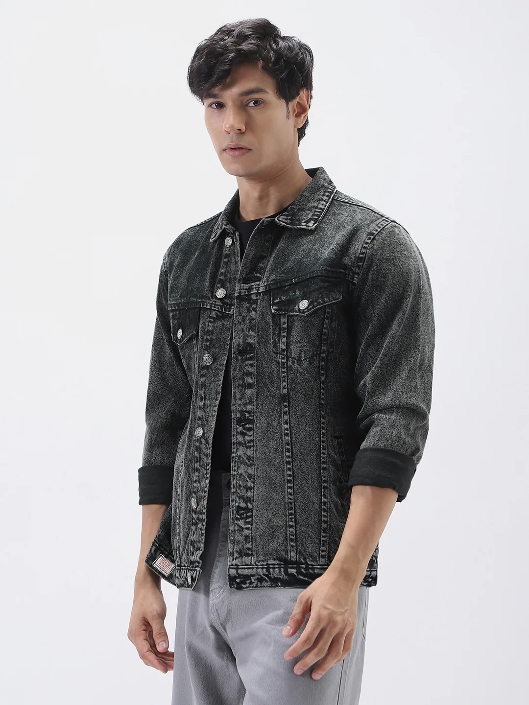 Men's Black Regular Fit Washed Full Sleeve Denim Jacket - Image 2