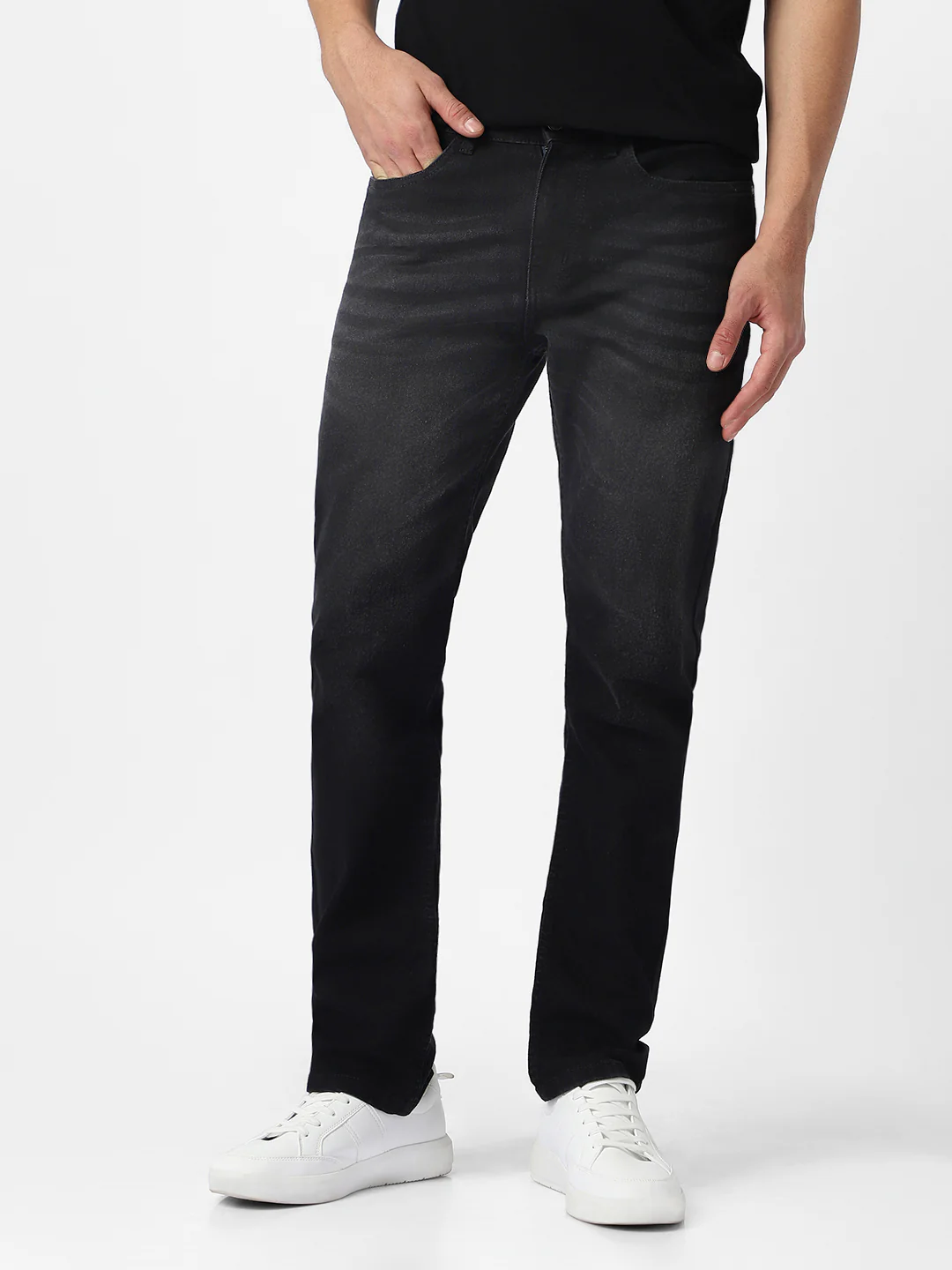 Men's Black Regular Fit Washed Jeans Stretchable - Image 2