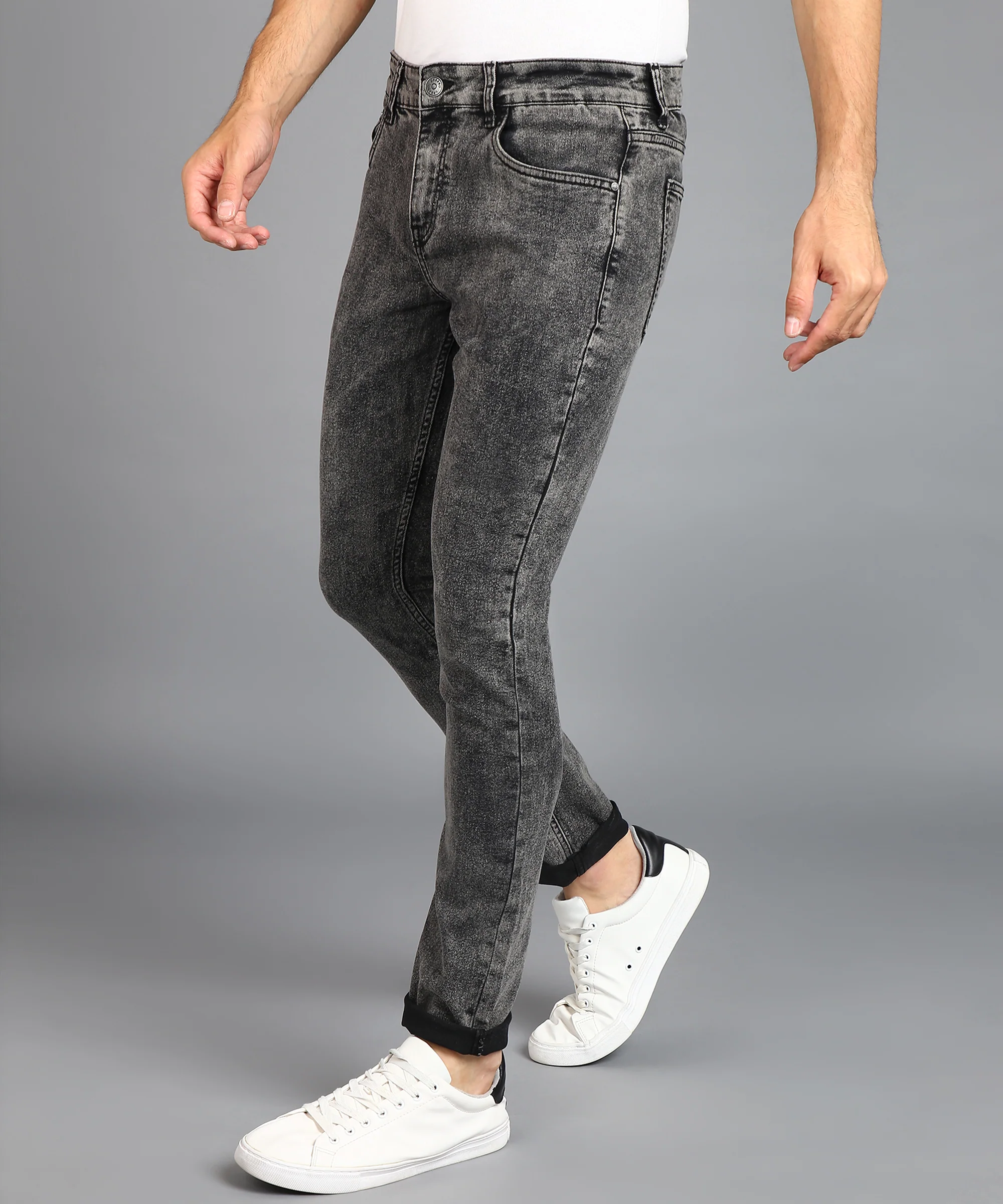 Men's Black Regular Fit Washed Jeans Stretchable - Image 3