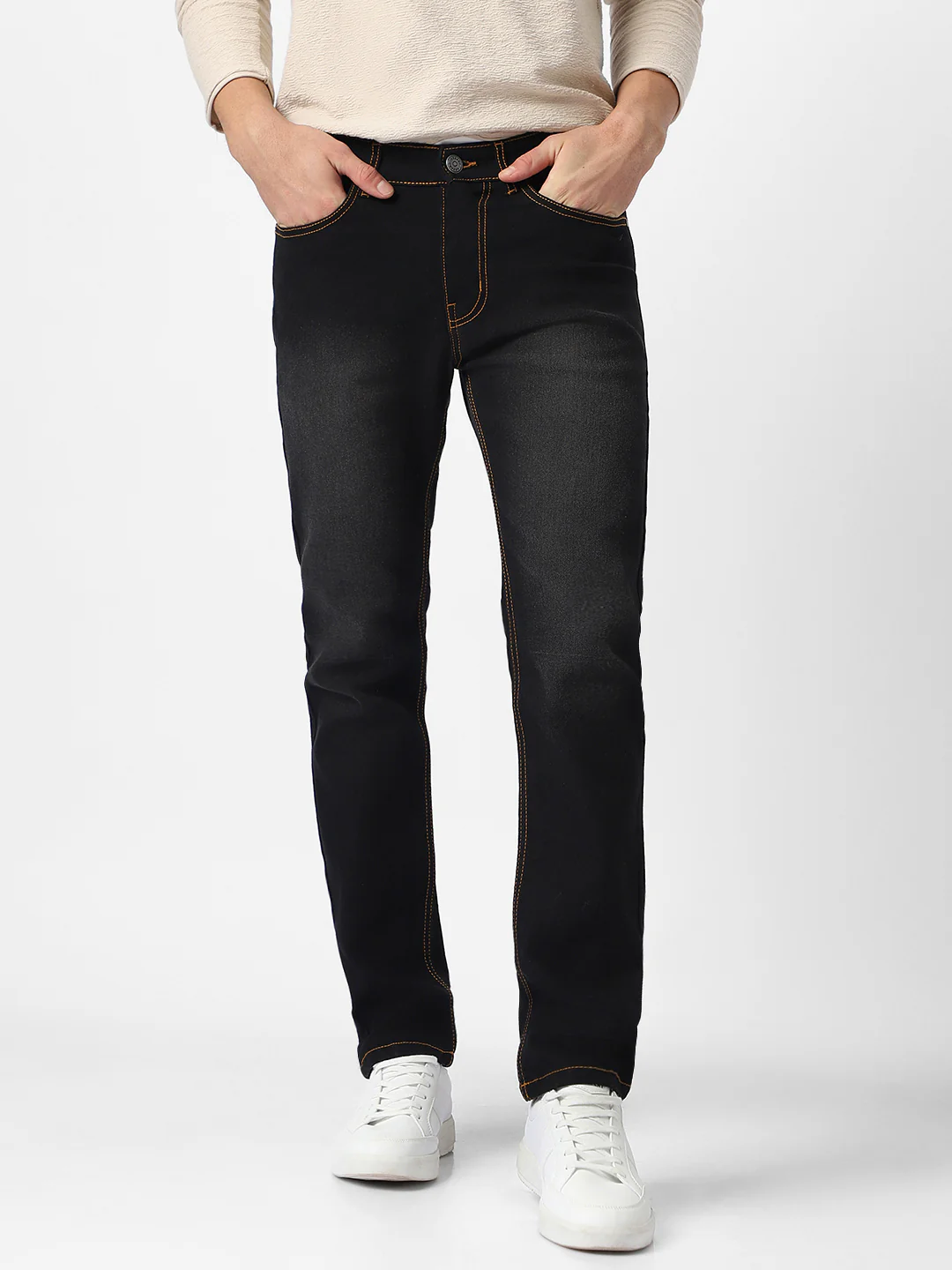 Men's Black Regular Fit Washed Jeans Stretchable - Image 2