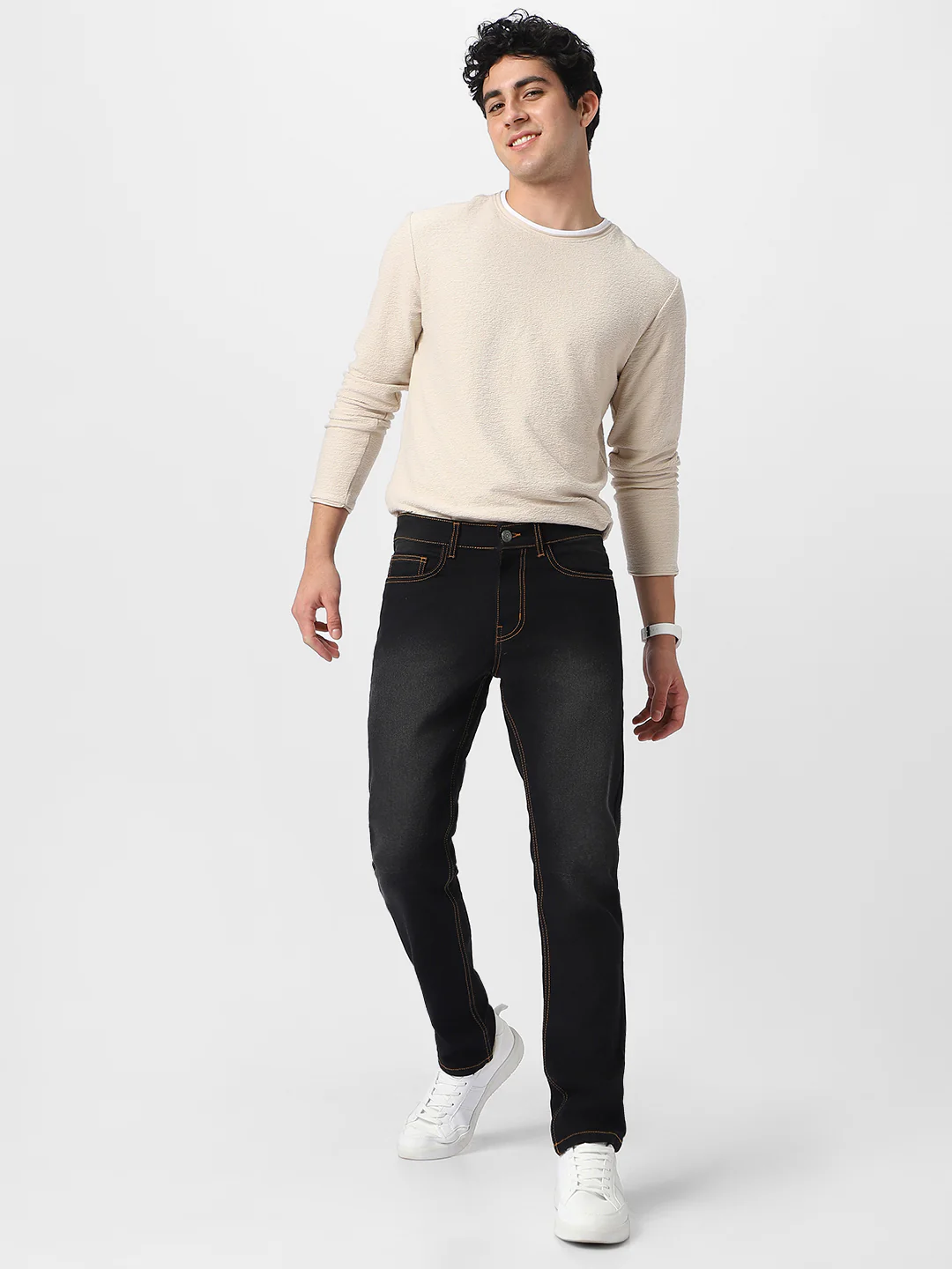 Men's Black Regular Fit Washed Jeans Stretchable - Image 5