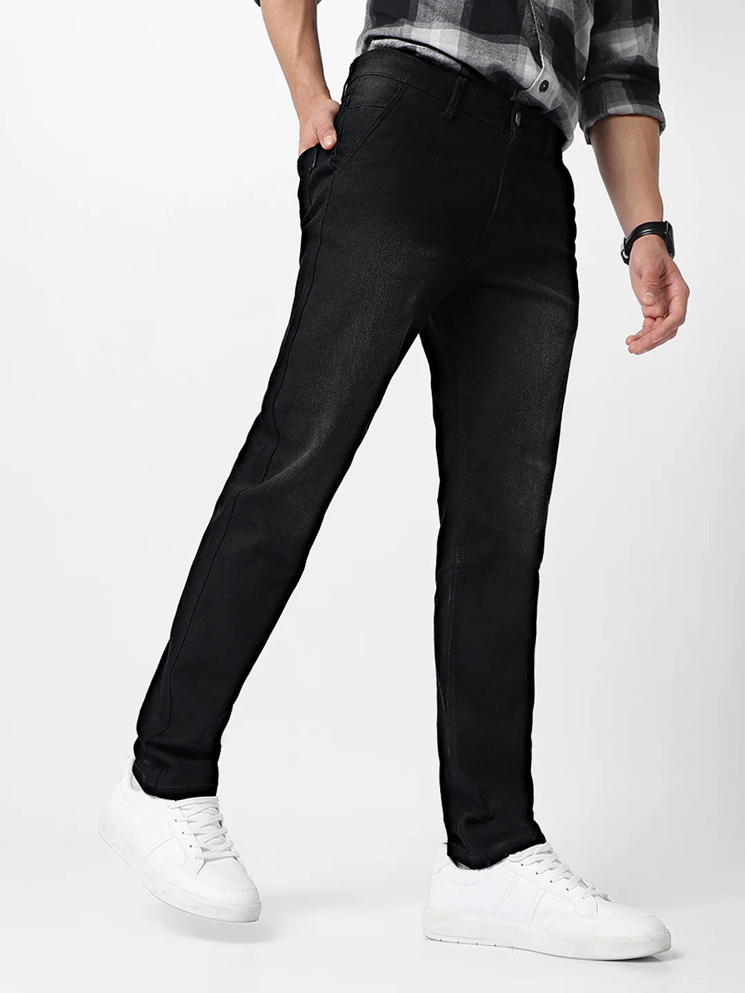 Men's Black Regular Fit Washed Jeans Stretchable - Image 2