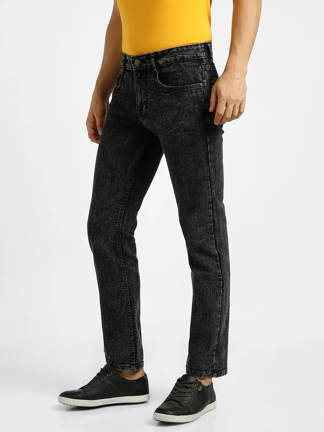 Men's Black Regular Fit Washed Jeans Stretchable - Image 2