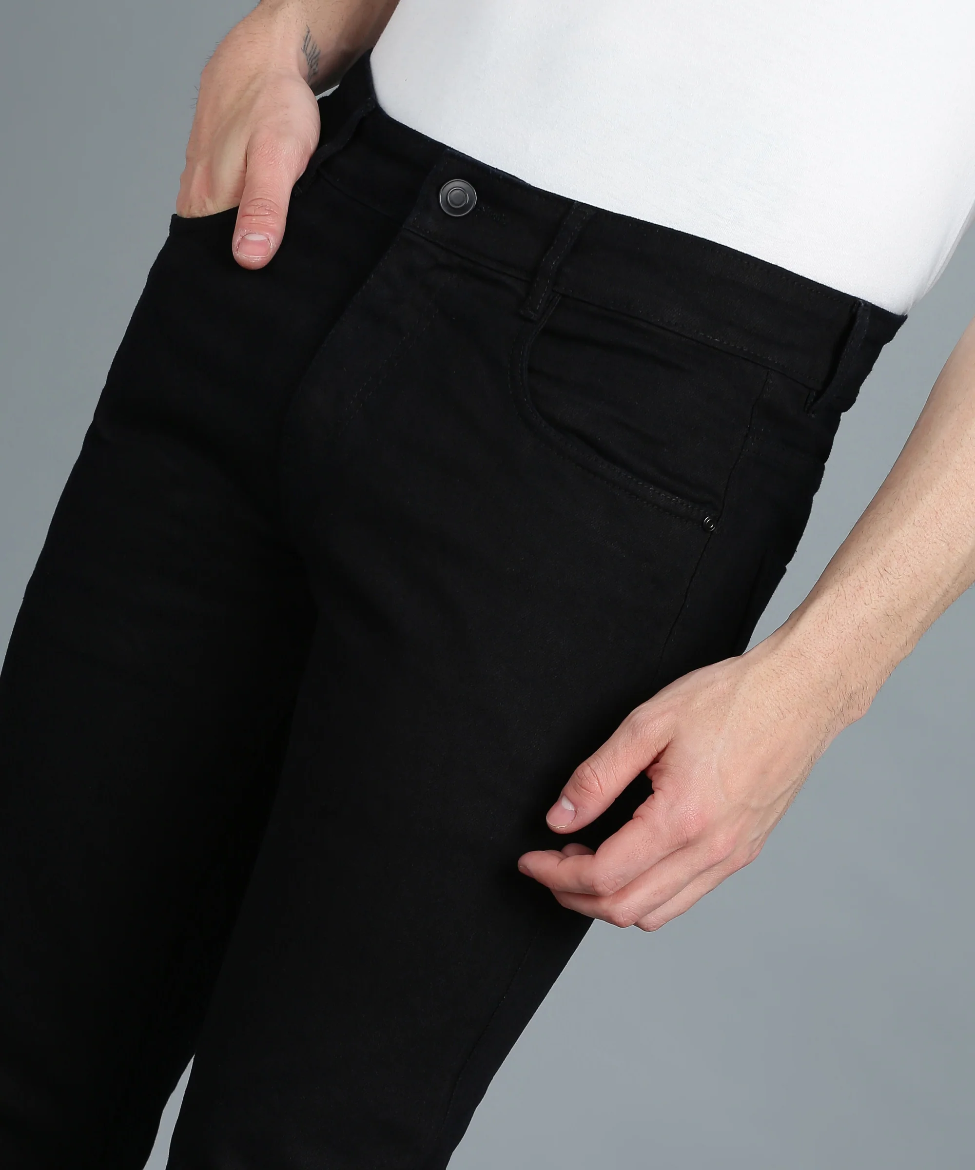 Men's Black Regular Fit Washed Jeans Stretchable - Image 5