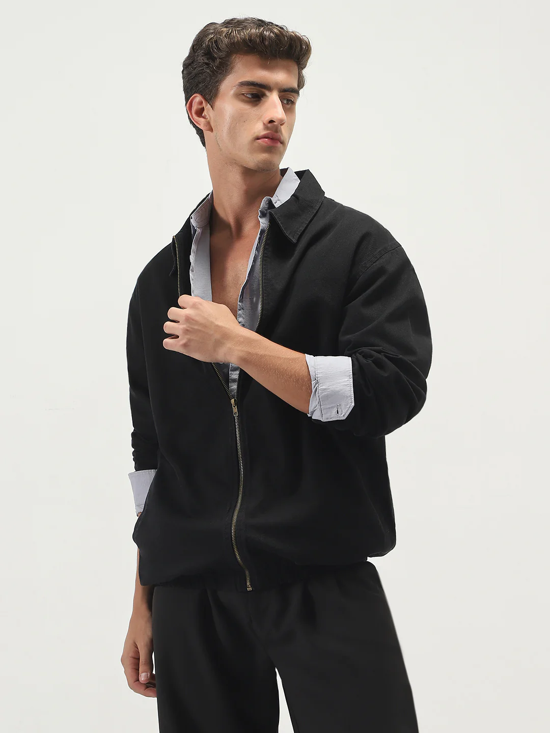 Men's Black Relaxed Fit Full Sleeve Harrington Denim Jacket - Image 3