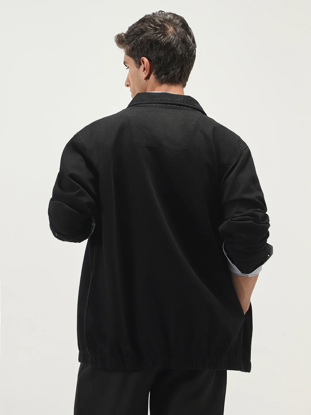 Men's Black Relaxed Fit Full Sleeve Harrington Denim Jacket - Image 4