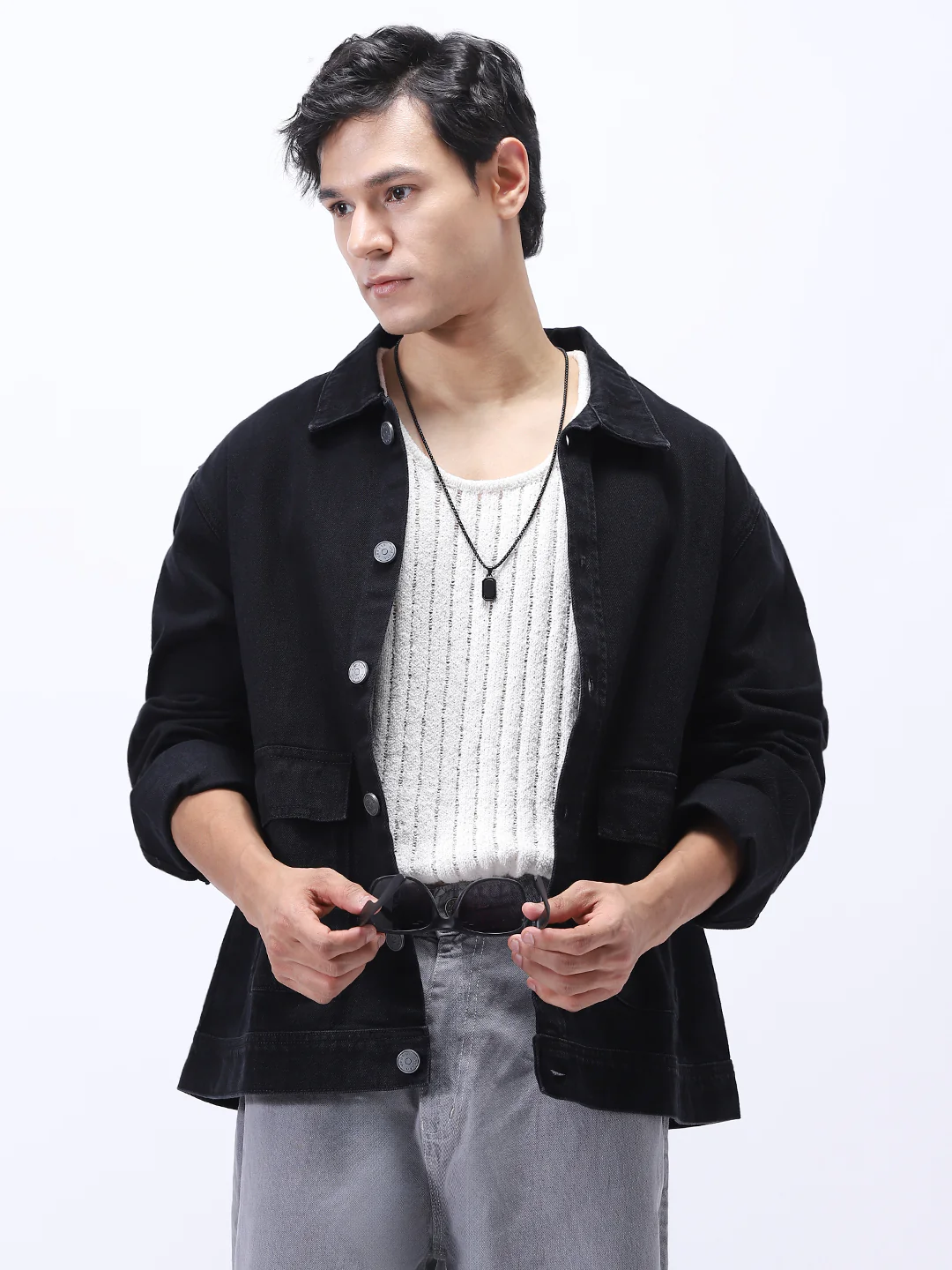 Men's Black Relaxed Fit Full Sleeve Utility Denim Jacket