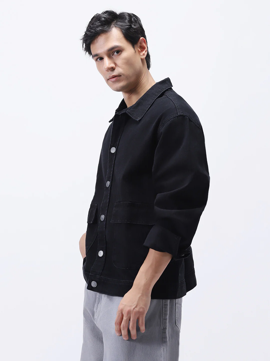 Men's Black Relaxed Fit Full Sleeve Utility Denim Jacket - Image 2