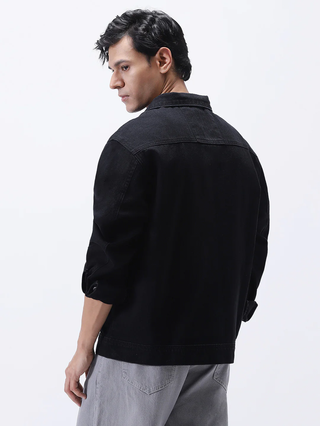 Men's Black Relaxed Fit Full Sleeve Utility Denim Jacket - Image 3