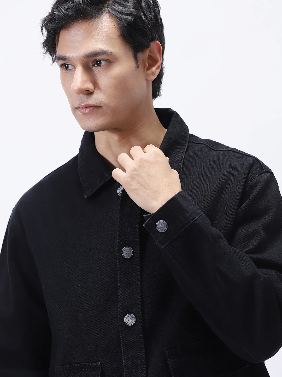 Men's Black Relaxed Fit Full Sleeve Utility Denim Jacket - Image 6