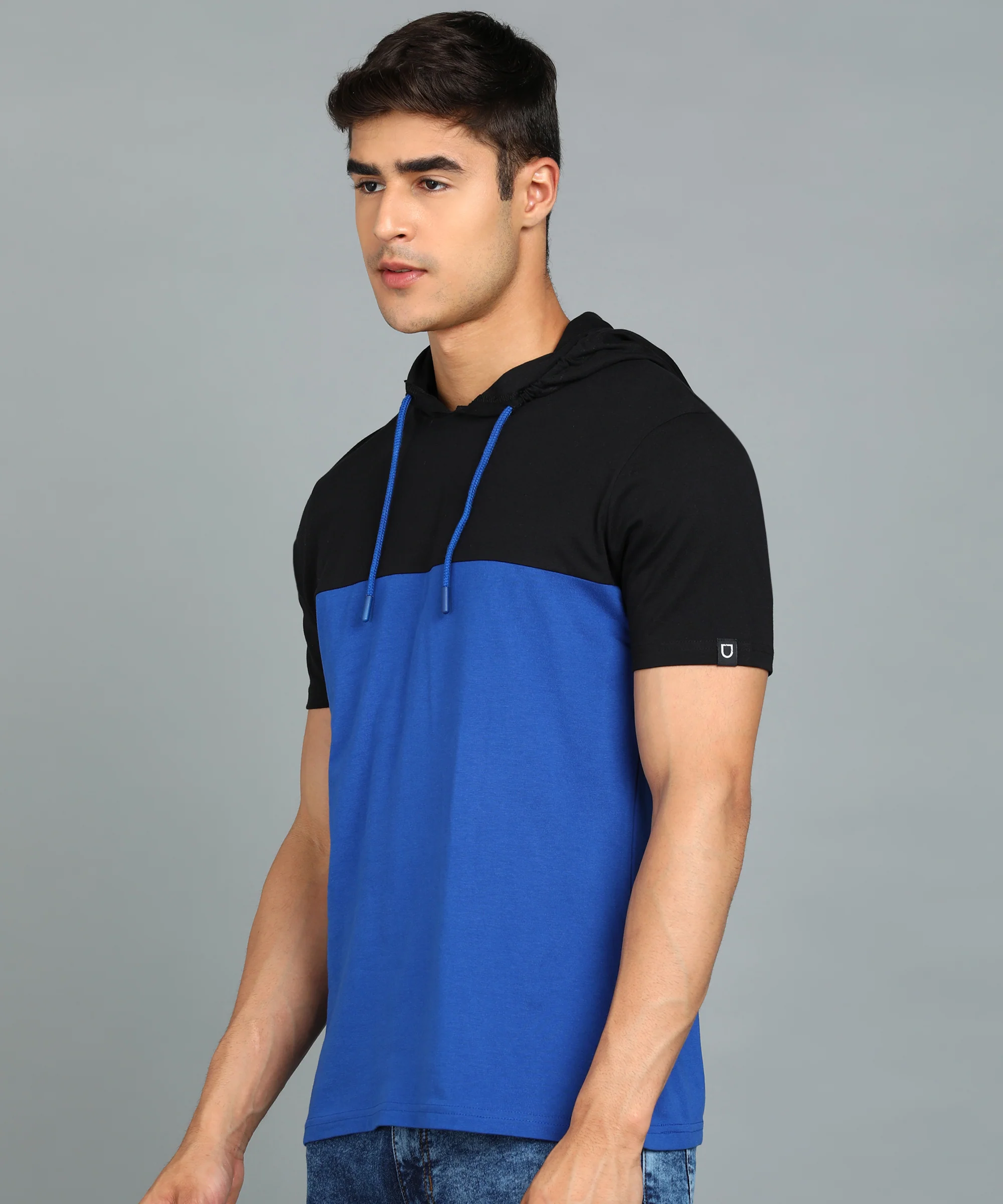 Men's Black, Royal Blue Cotton Slim Fit Half Sleeve Hooded T-Shirt - Image 2