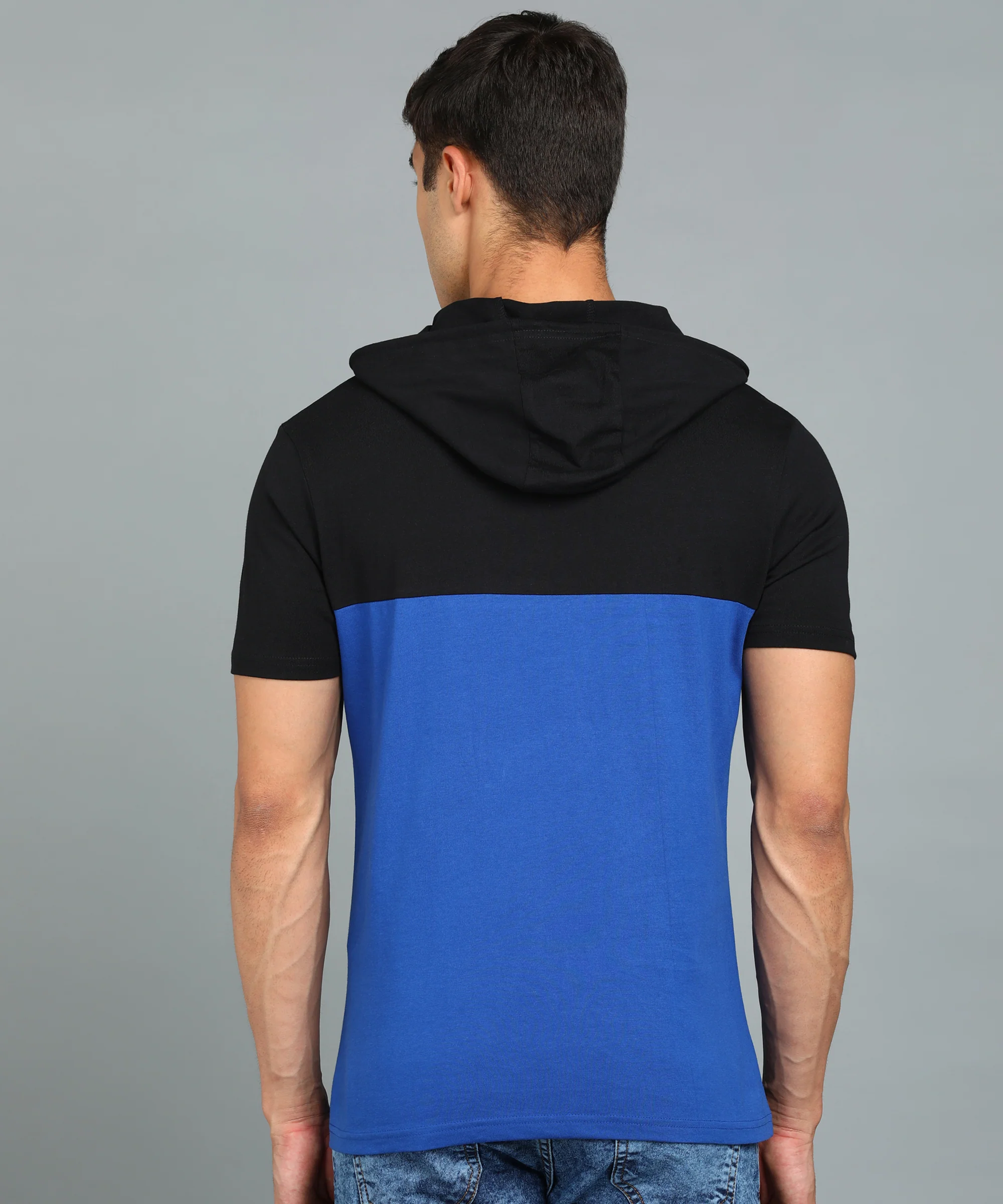 Men's Black, Royal Blue Cotton Slim Fit Half Sleeve Hooded T-Shirt - Image 3