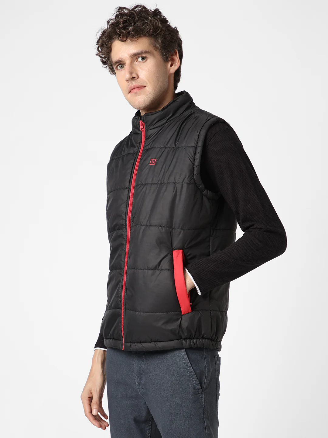Men's Black Sleeveless Zippered Puffer Jacket - Image 3